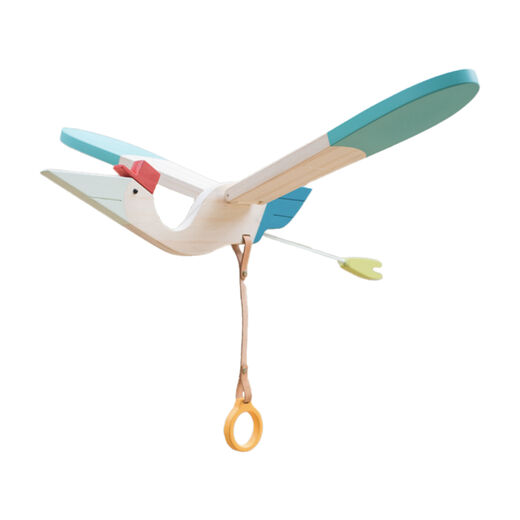 Hanging bird pinewood mobile toy in natural and pastel tones by Eguchi